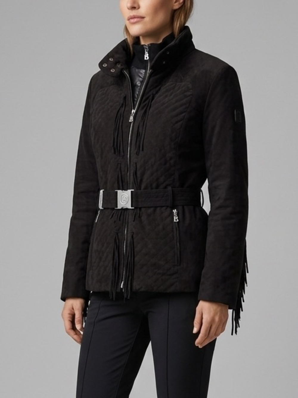 Bogner Black Quilted Fringe Moto Jacket Belted Coat Luxury Ski Vintage Size 12